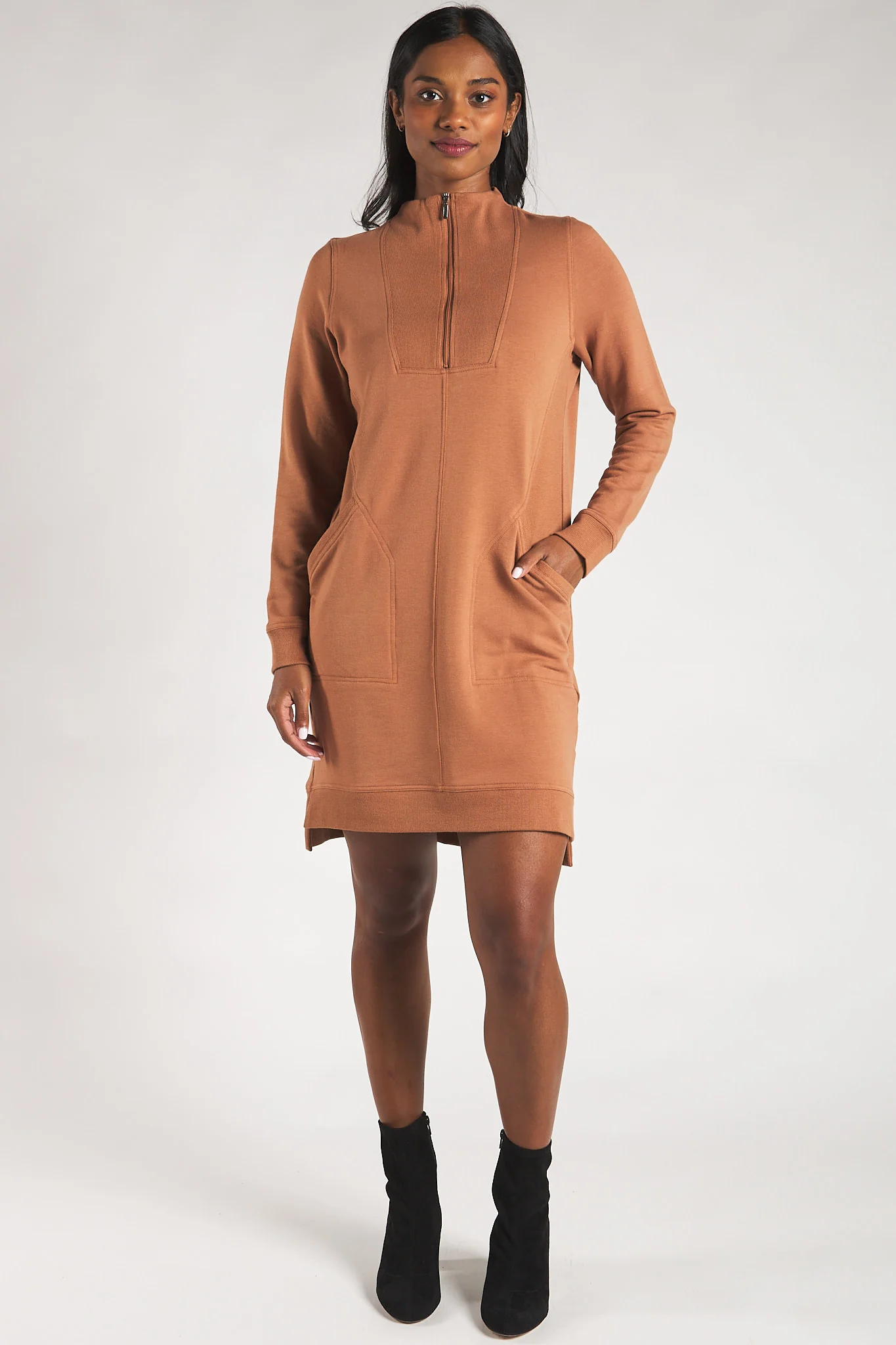 Sabelle Half-Zip Bamboo Fleece Dress - Warm Brown – Terrera