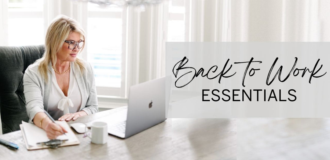 A woman sits at her desk in a brightly lit room, ready for going back to work in comfortable but elegant bamboo work wear. Title text on the right reads, "Back to Work Essentials".