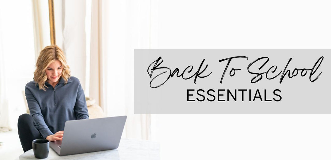 Title text reads, "Back to School Essentials", beside a woman working on a laptop, wearing a soft, bamboo sweatshirt from Terrera.