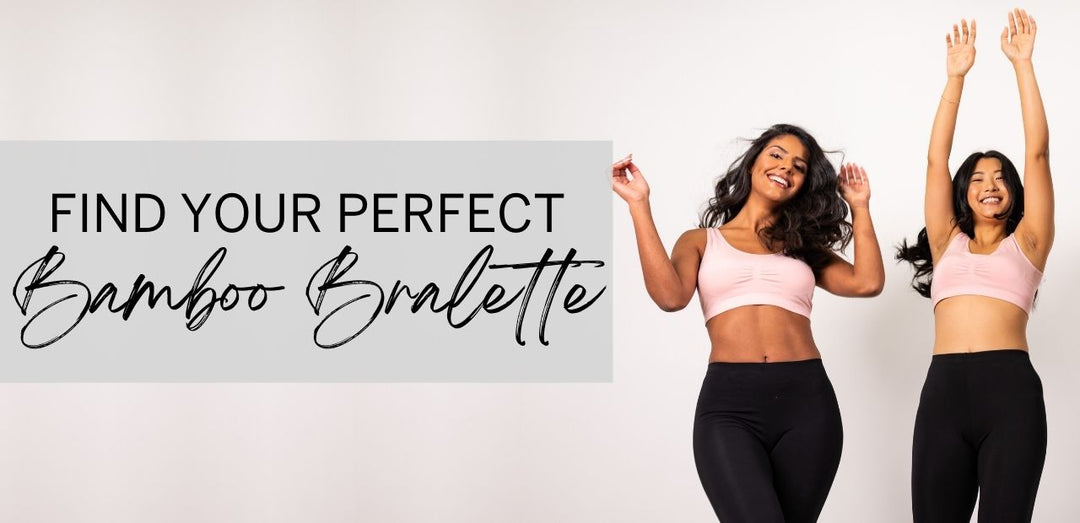 Two women joyfully raise their arms in the air while wearing bamboo bralettes and bamboo leggings. Title text reads, "Find your perfect bamboo bralette".