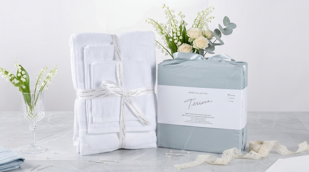 Sustainable Bridal Shower Gifts featuring a bamboo cotton towel set and bamboo sheet set