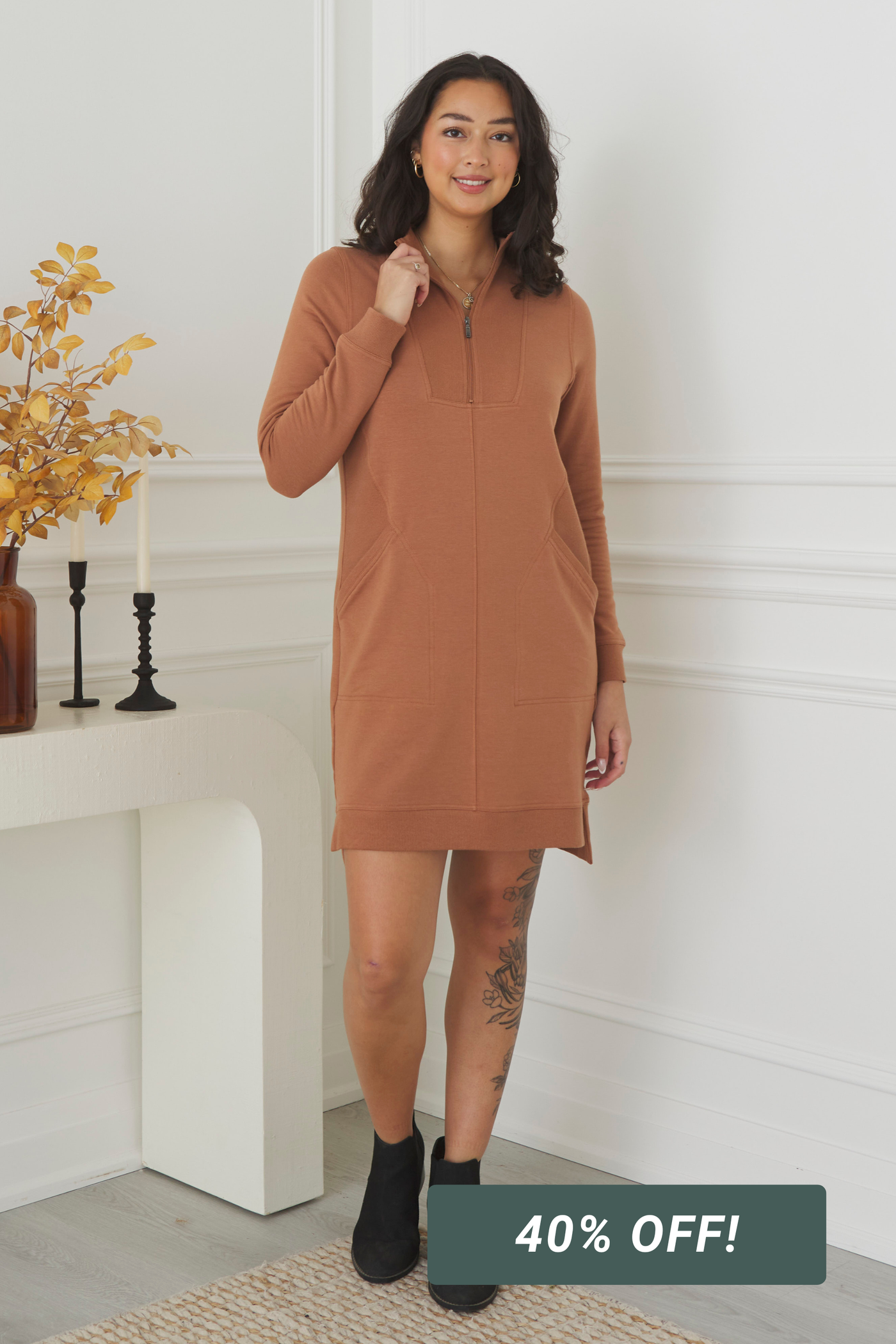 Sabelle Half-Zip Bamboo Fleece Dress - Warm Brown