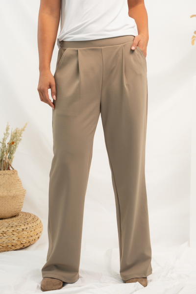 Close up image of khaki pleated pants