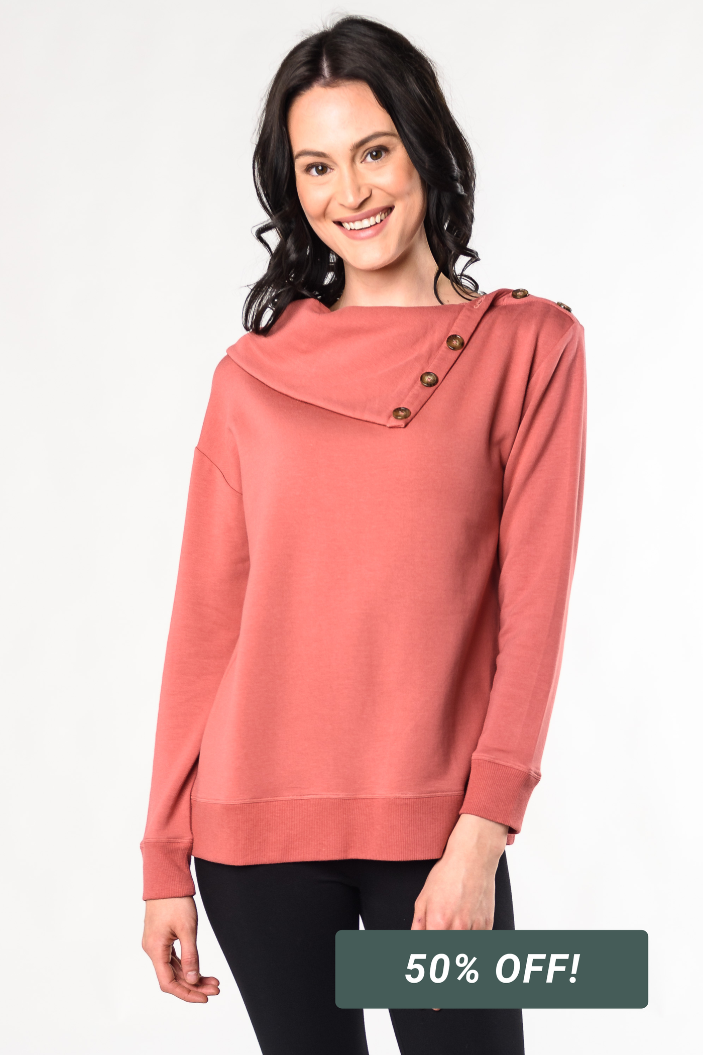 Jennie Split Neck Bamboo Fleece Top - Desert Pink