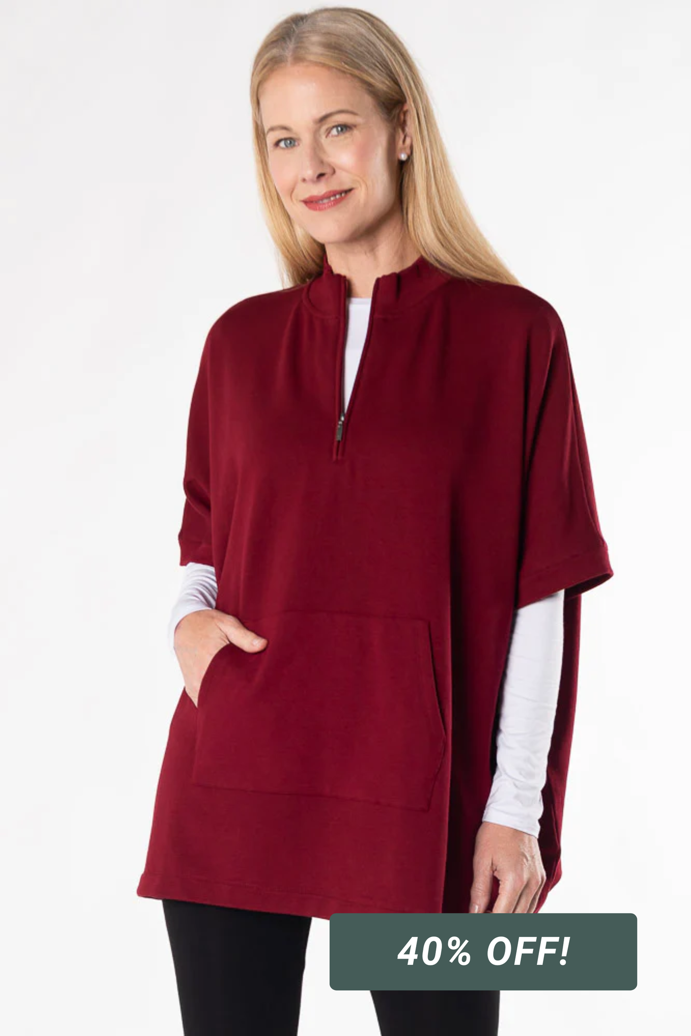 Lindsey Half-Zip Bamboo Poncho - Cranberry