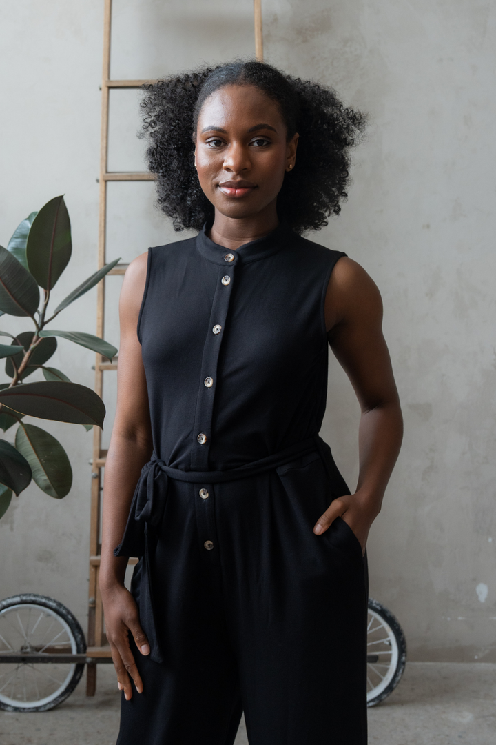 Aria Belted Bamboo Jumpsuit - Black