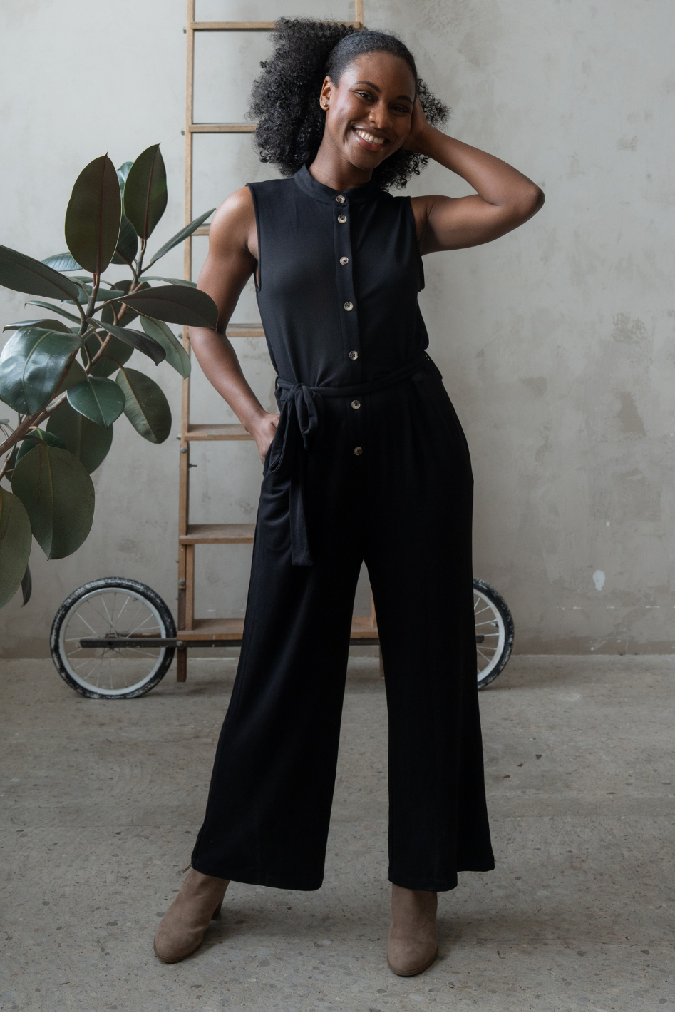 Aria Belted Bamboo Jumpsuit - Black