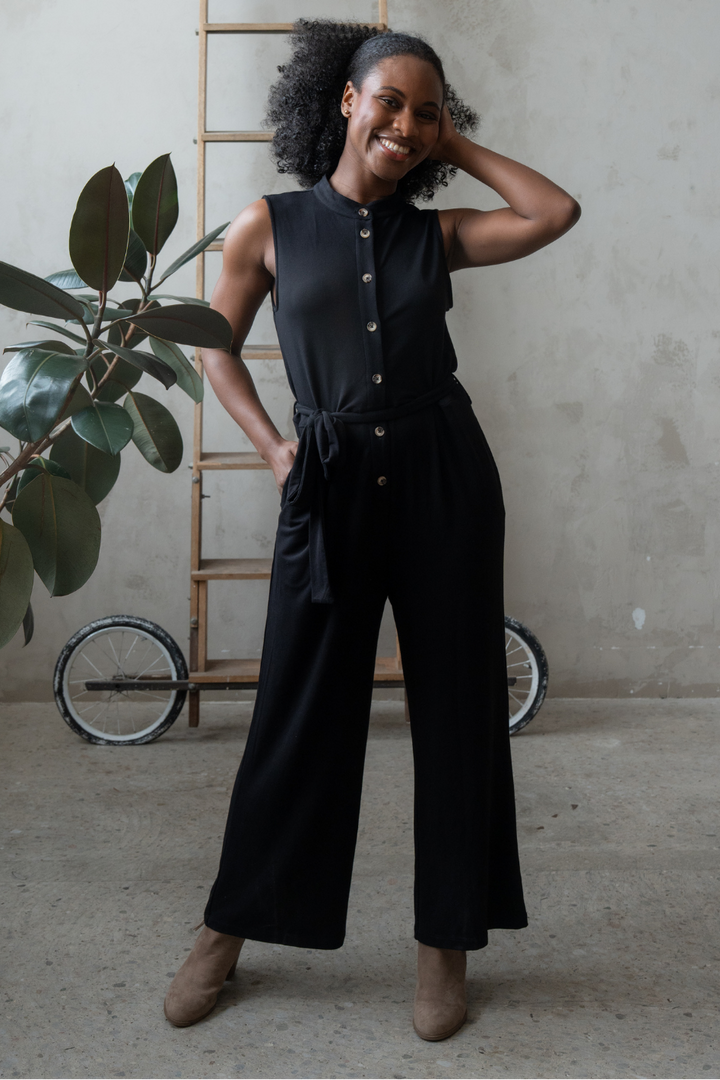 Aria Belted Bamboo Jumpsuit - Black