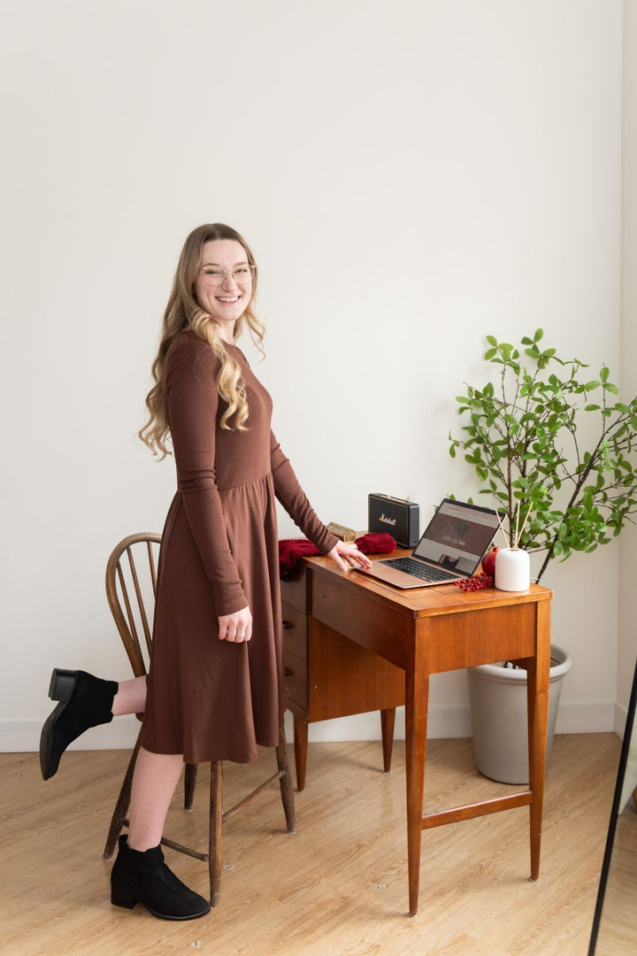 Audrey Ribbed Bamboo Long Sleeve Dress - Cocoa