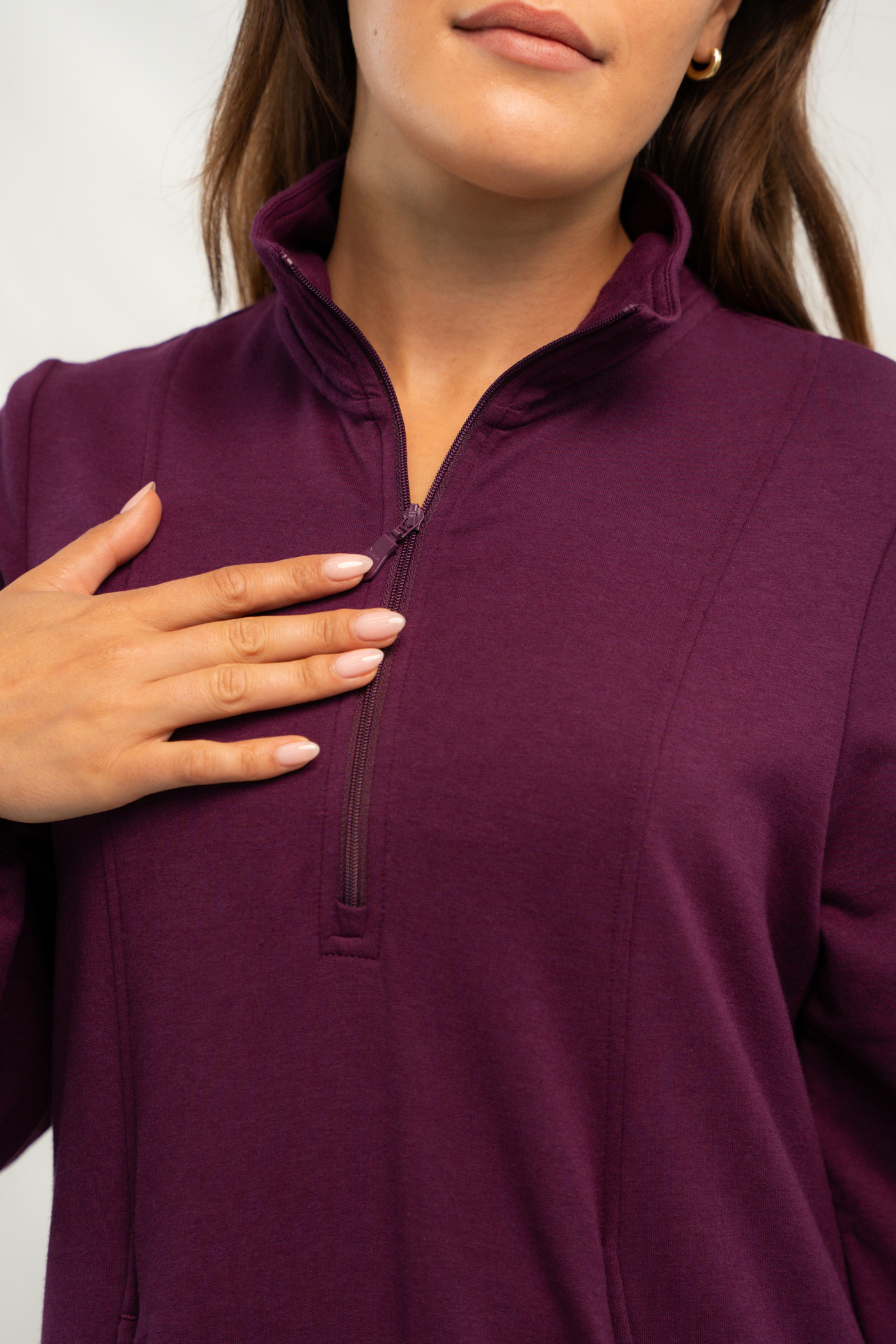 Close up of the zipper collar neckline.