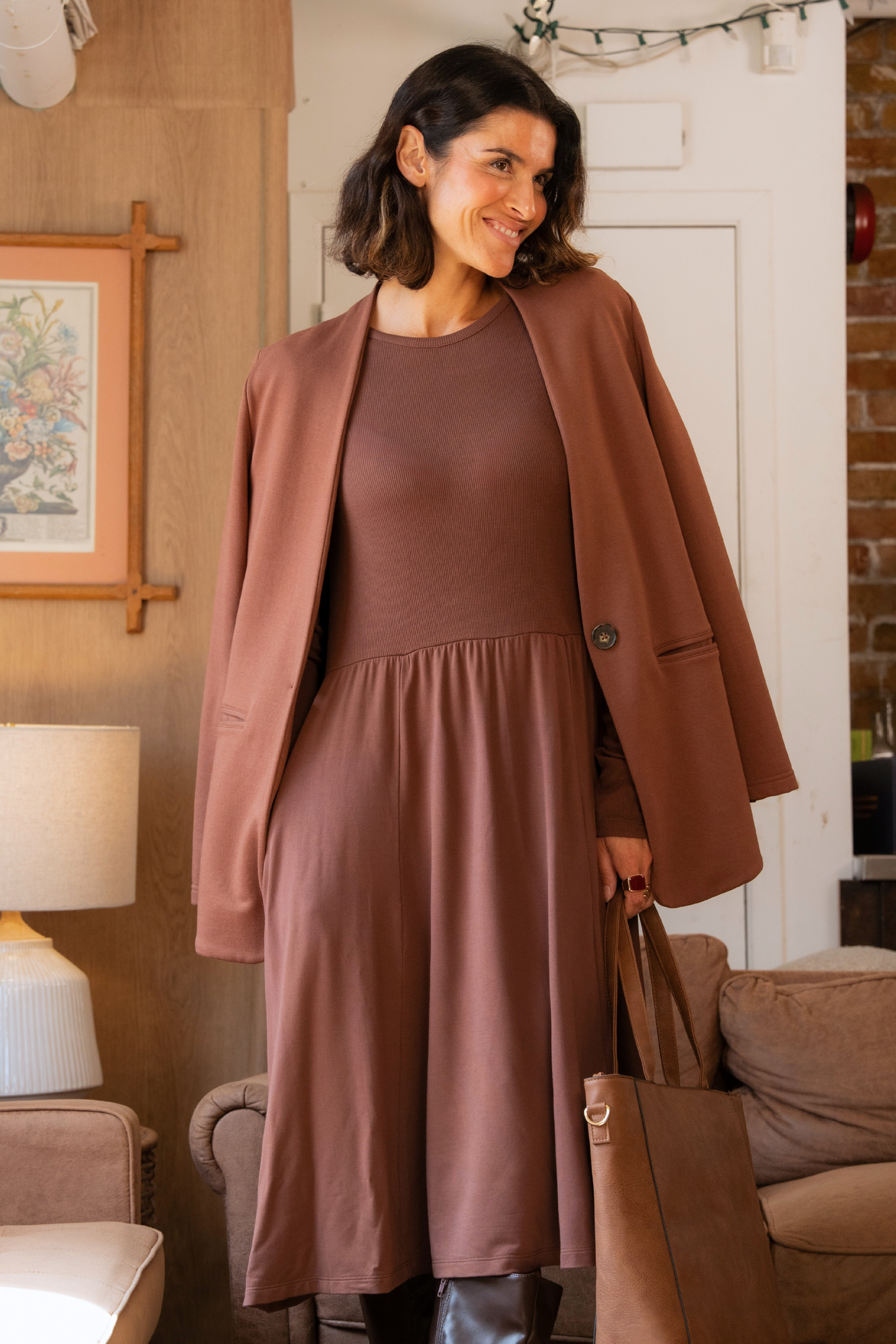 Audrey Ribbed Bamboo Long Sleeve Dress - Cocoa