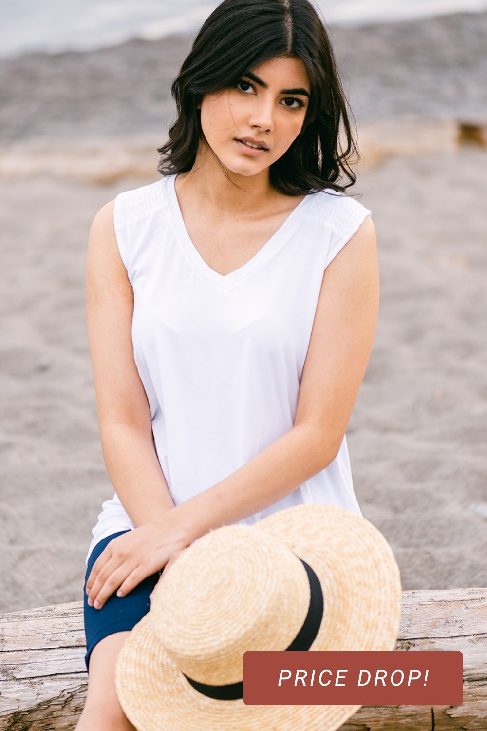 Janice V-Neck Smocked Bamboo Blouse - White