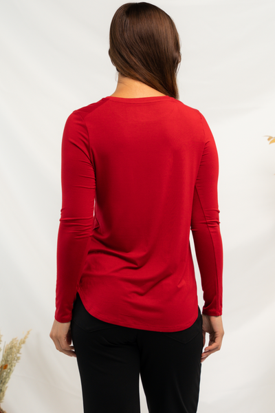 Back view of a women's red bamboo long sleeve top.