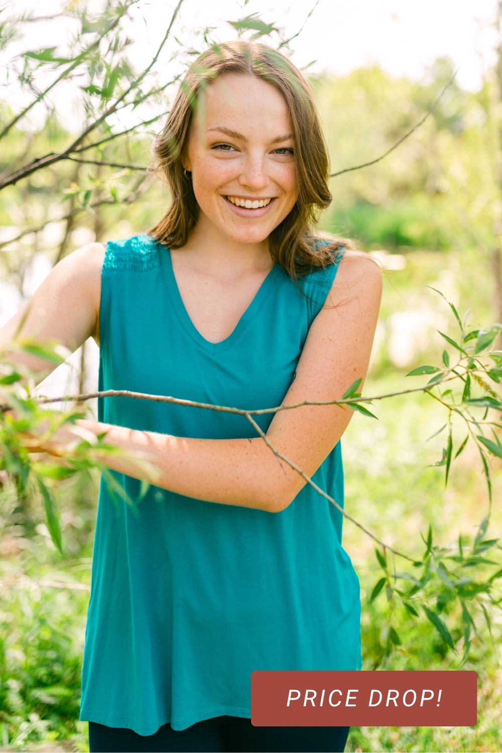 Janice V-Neck Smocked Bamboo Blouse - Turquoise