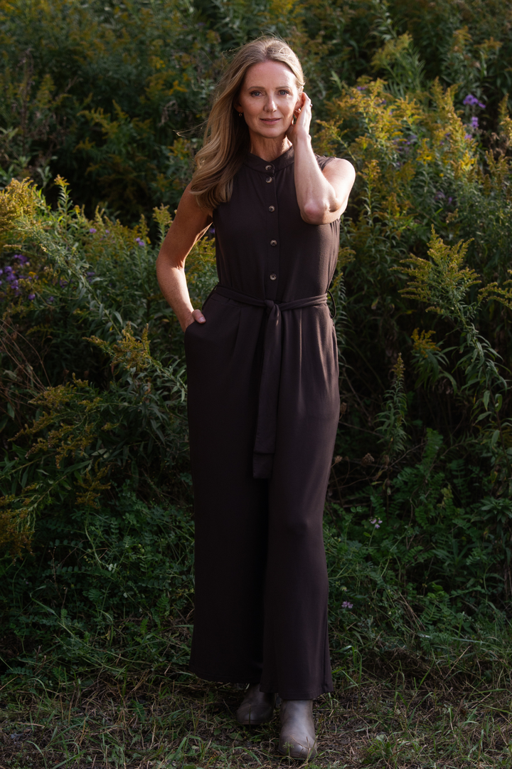 Aria Belted Bamboo Jumpsuit - Dark Chocolate