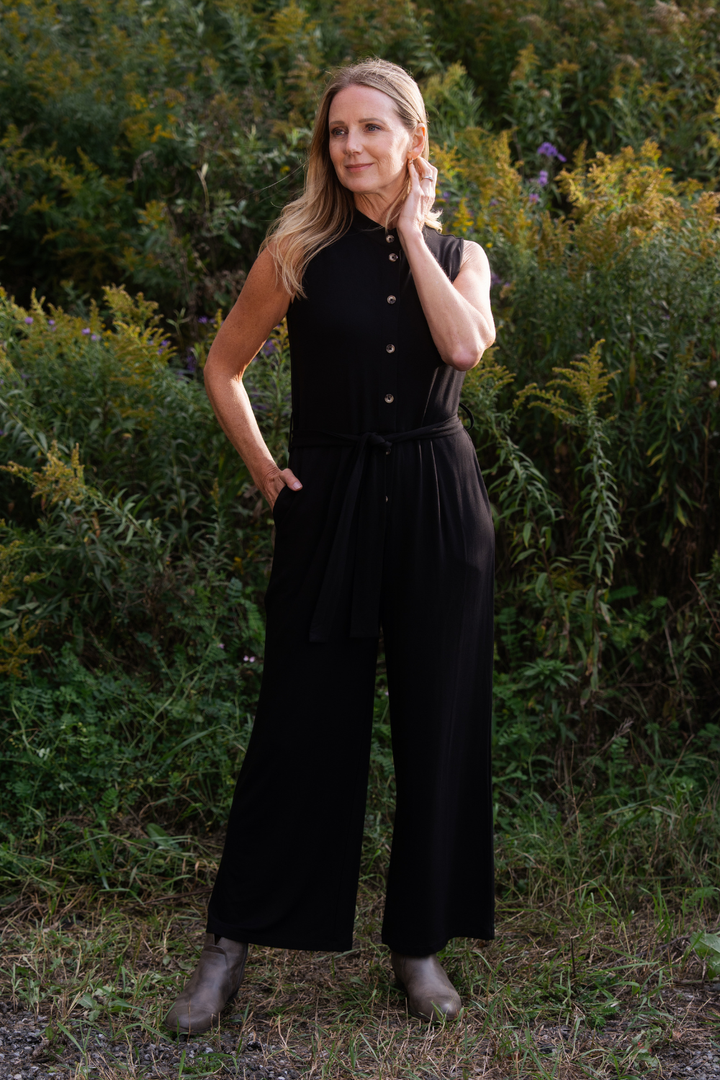Aria Belted Bamboo Jumpsuit - Black