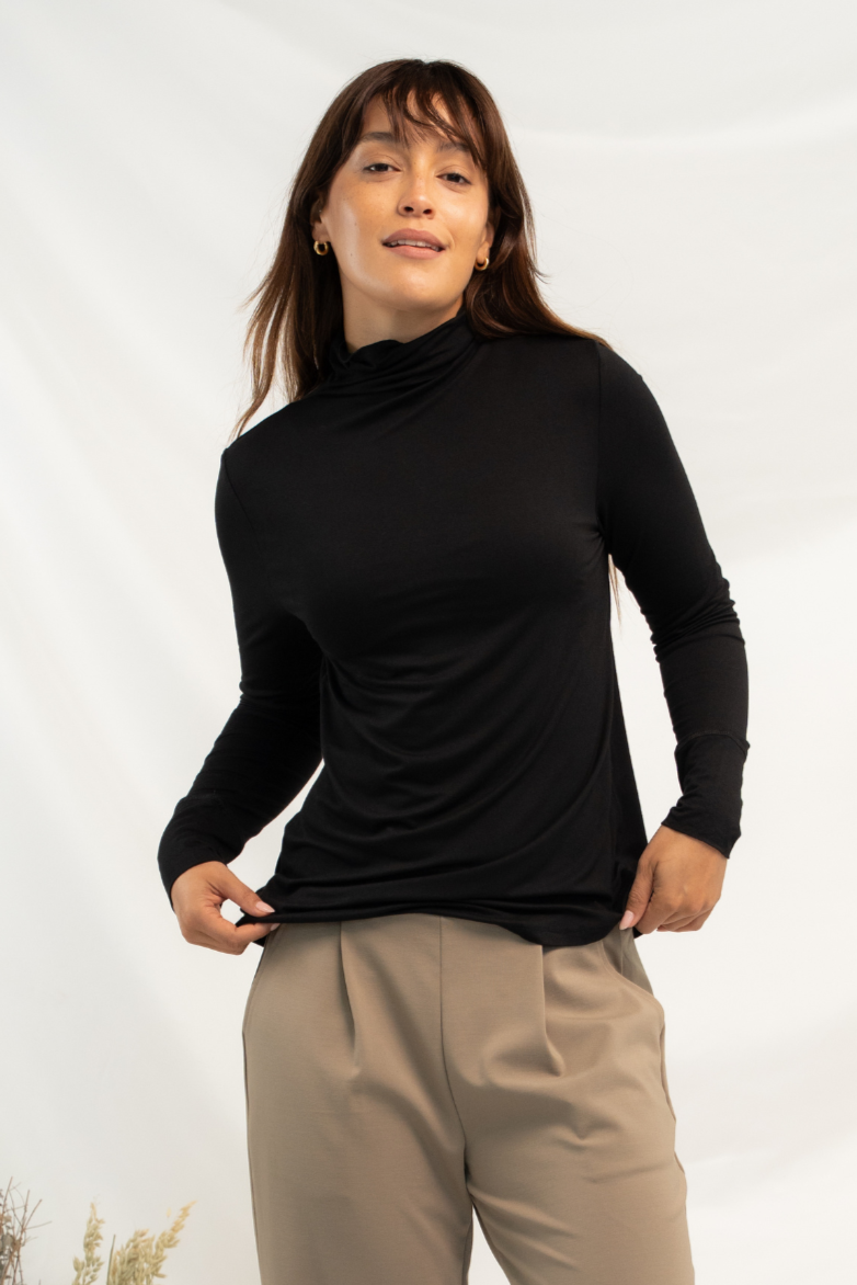 Dalya Funnel-Neck Bamboo Long Sleeve - Black