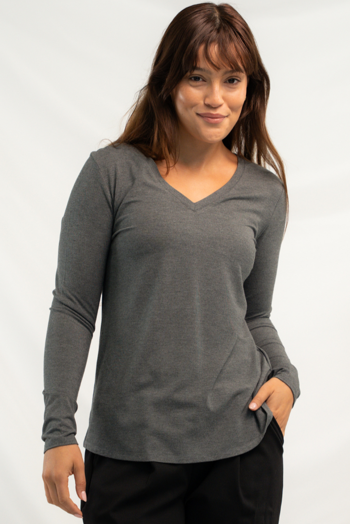 Ellie V-neck Bamboo Long Sleeve Shirt - Heather Charcoal