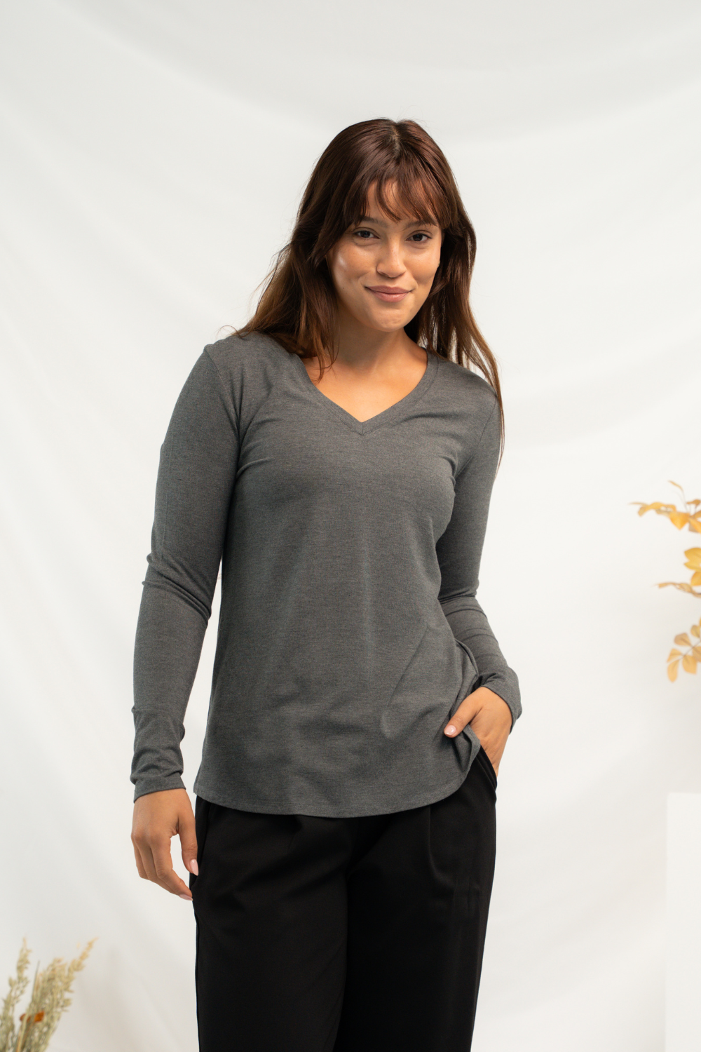 Ellie V-neck Bamboo Long Sleeve Shirt - Heather Charcoal