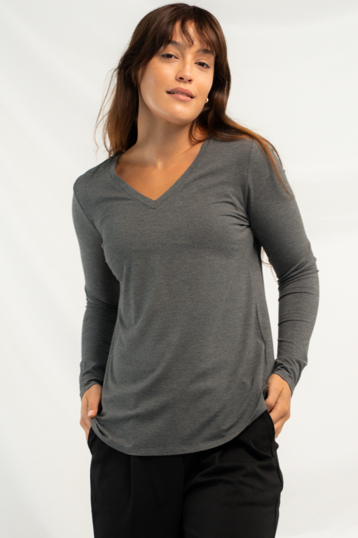 Ellie V-neck Bamboo Long Sleeve Shirt - Heather Charcoal