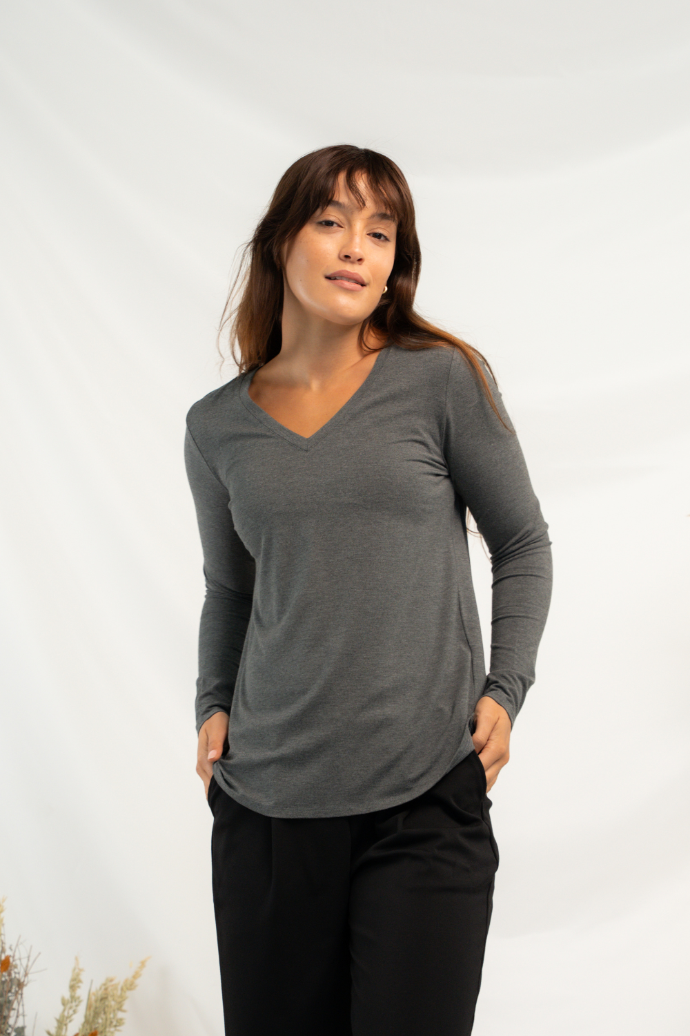 Ellie V-neck Bamboo Long Sleeve Shirt - Heather Charcoal