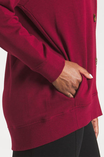 Closeup image of the pocket detail on Yasmine Button-Front Bamboo Cardigan by Terrera.