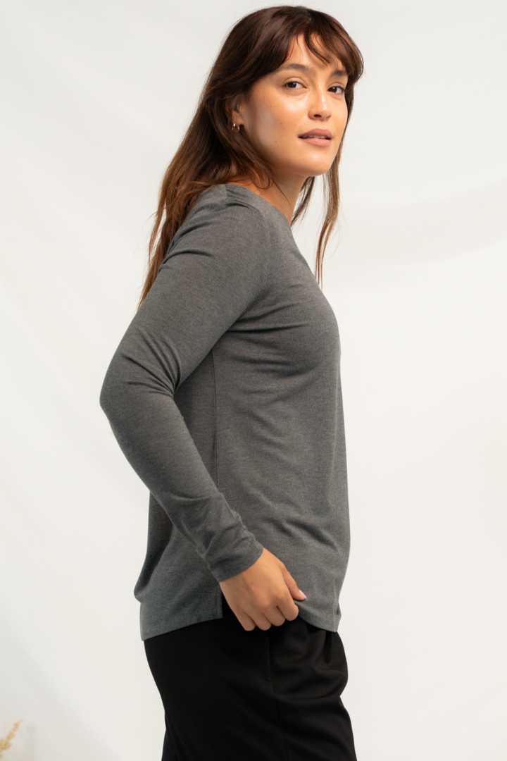 Ellie V-neck Bamboo Long Sleeve Shirt - Heather Charcoal