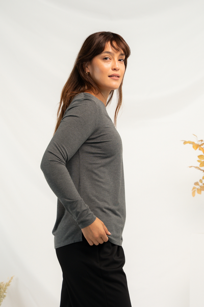 Ellie V-neck Bamboo Long Sleeve Shirt - Heather Charcoal