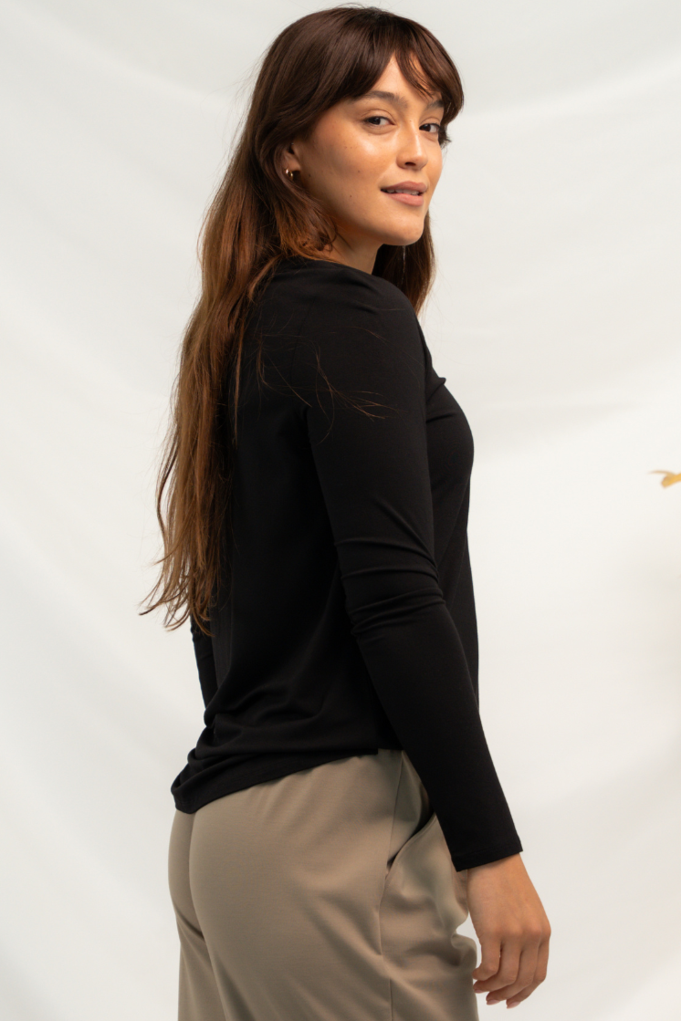 Ellie V-neck Bamboo Long Sleeve Shirt - Black