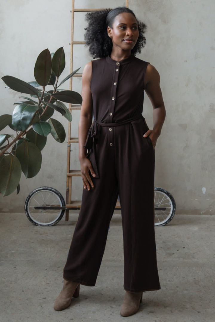 Aria Belted Bamboo Jumpsuit - Dark Chocolate