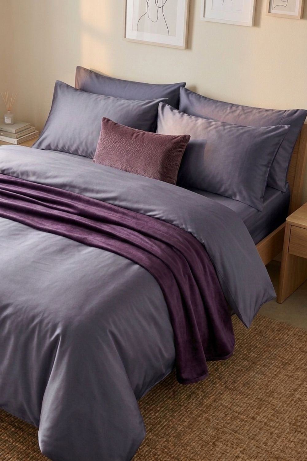 Charcoal grey bamboo duvet cover with matching charcoal sheets and deep purple accent pillows. Modern minimalist bedroom styling featuring sustainable dark bedding and organic textures.