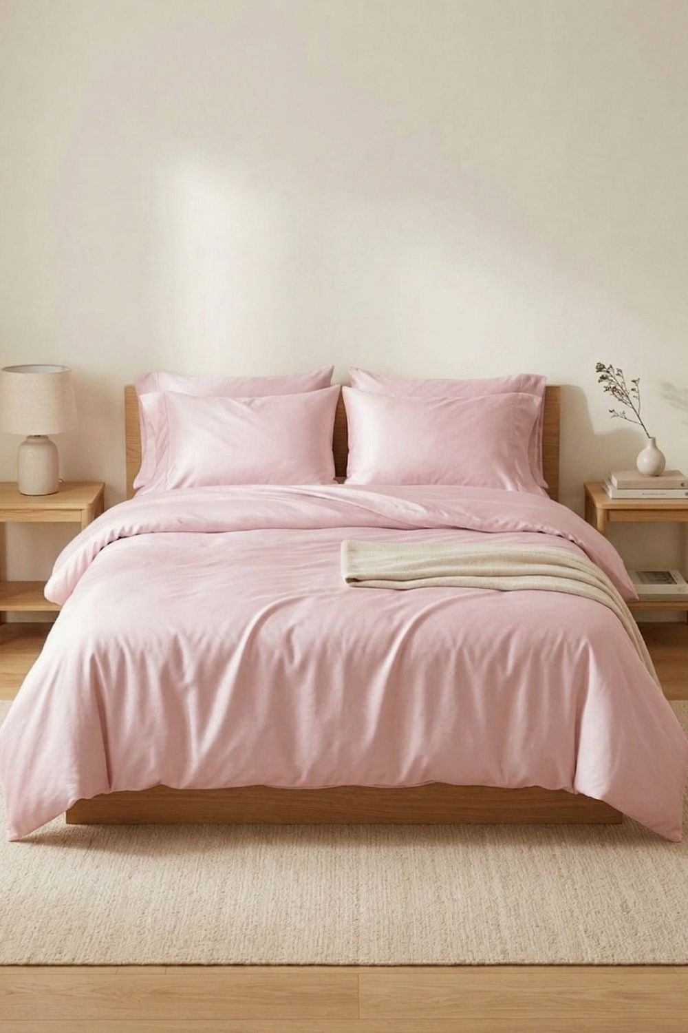 A serene bedroom setup featuring a pale rose pink duvet cover. The bedding is styled with light pink pillows to create a soft, welcoming atmosphere, perfect for a modern sustainable home.