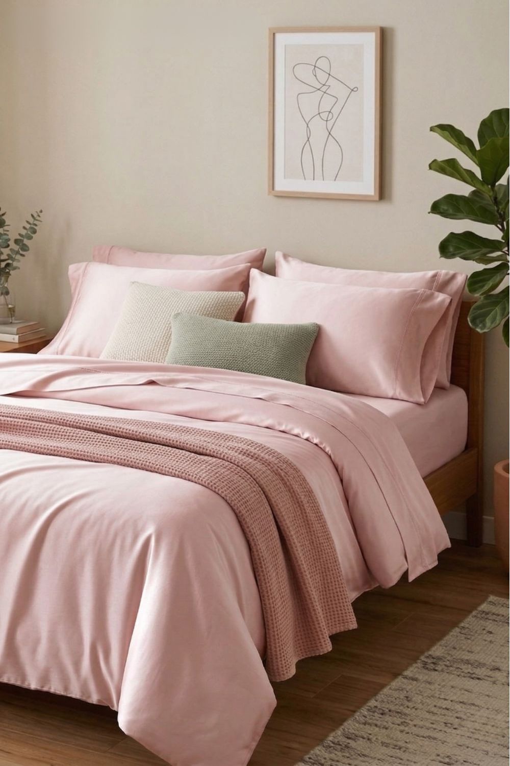 Bedroom with light pink bamboo bedding and a framed abstract art piece on the wall.
