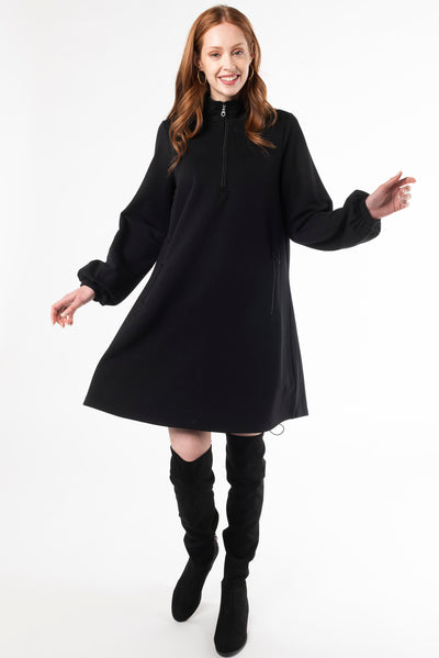 Women's sustainable dress, bamboo dress, puff sleeve dress, Black dress. Made with sustainable bamboo fleece fabric.