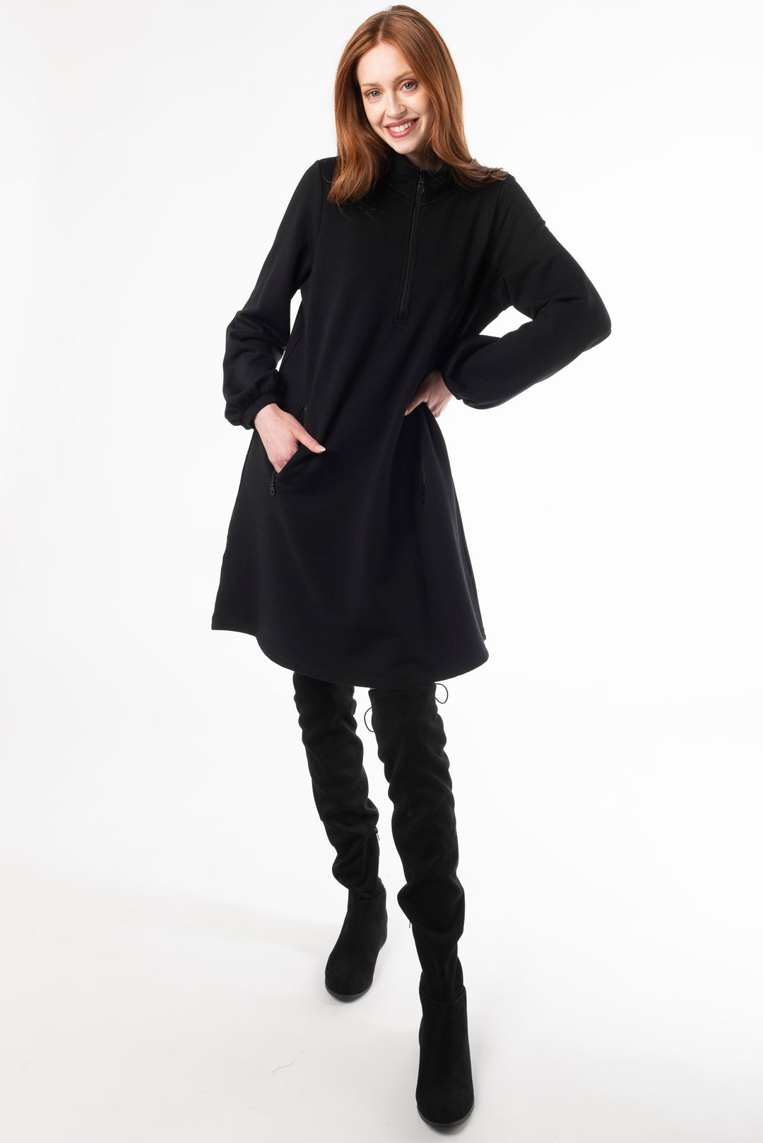 Sustainable bamboo dress with puff sleeves in Black by Terrera. Bamboo dress for women. Puff sleeve dress.
