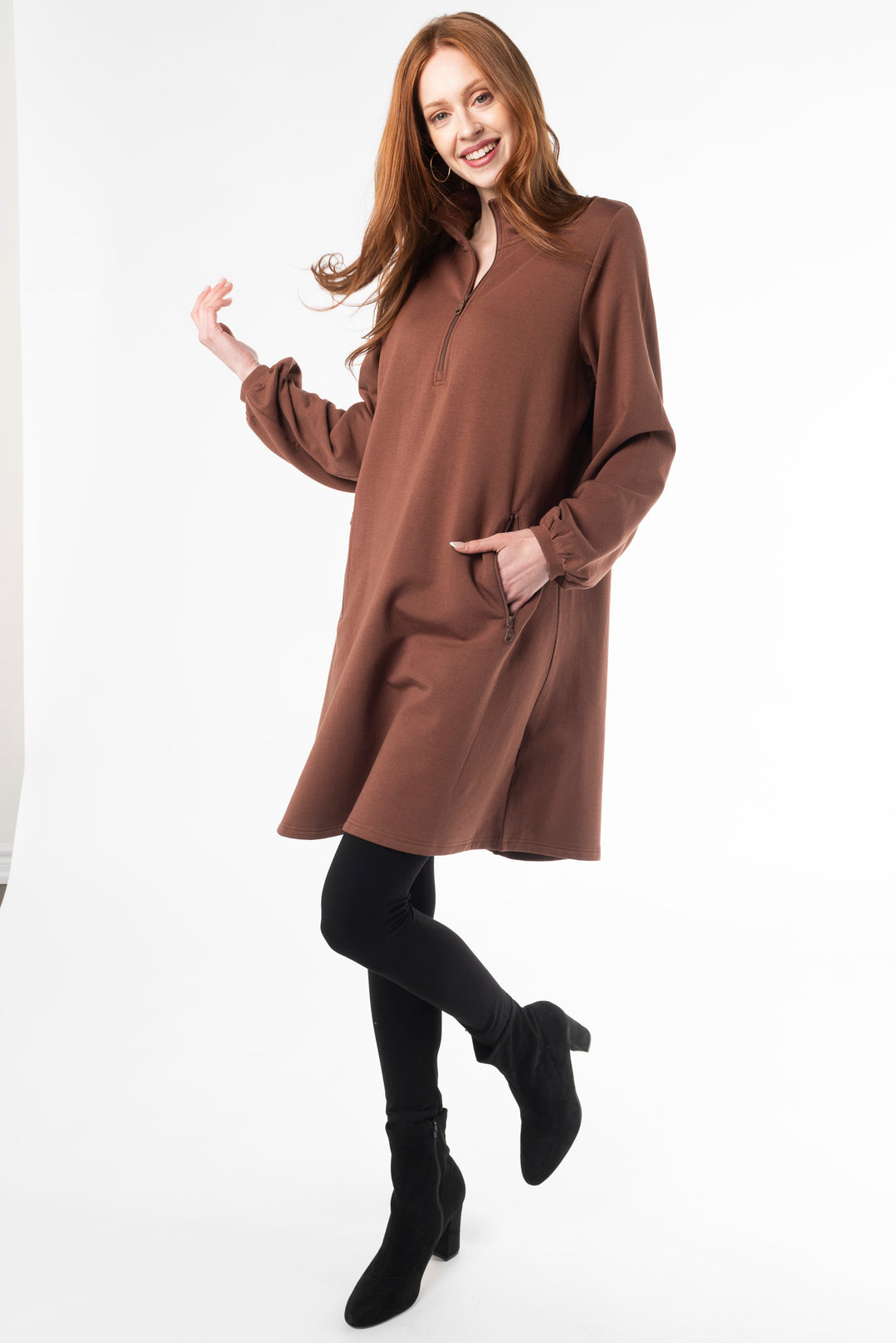 Women's sustainable dress, bamboo dress, puff sleeve dress, Black dress. Made with sustainable bamboo fleece fabric.