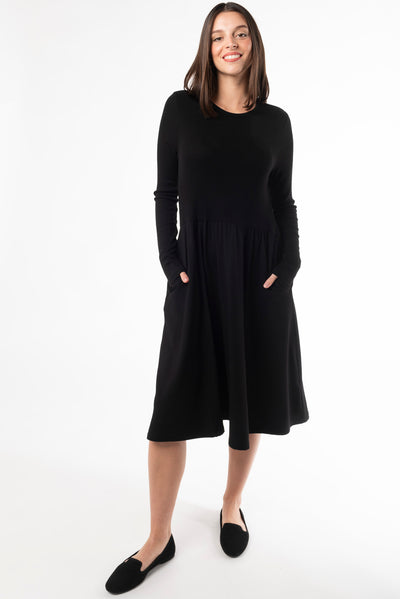 Women's midi dress, bamboo dress, long sleeve dress, Black dress. Made with sustainable bamboo fabric.