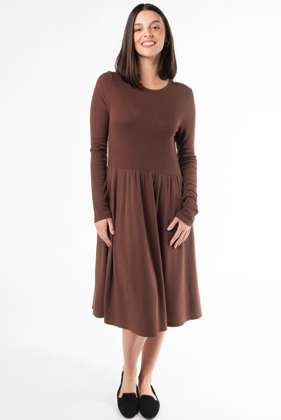 Women's midi dress, bamboo dress, long sleeve dress, brown dress. Made with sustainable bamboo fabric. 