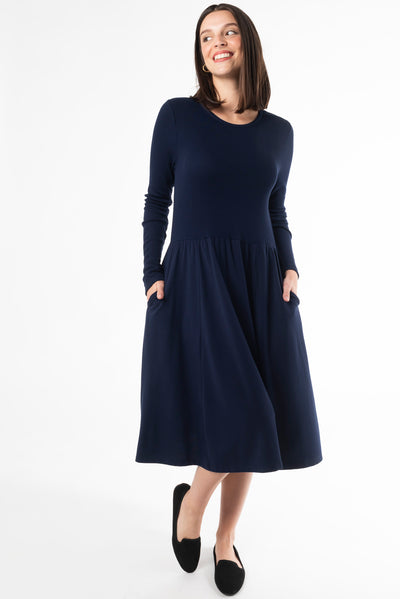 Women's midi dress, bamboo dress, long sleeve dress, navy dress. Made with sustainable bamboo fabric.