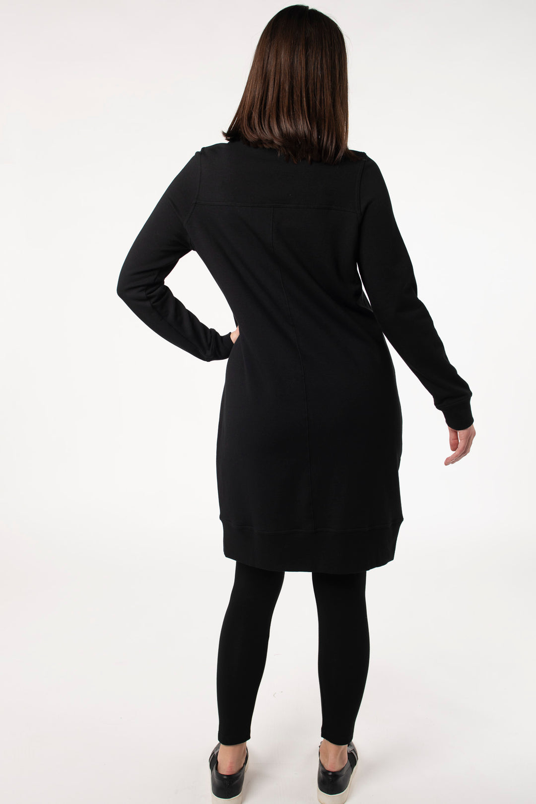 Terrera half-zip bamboo fleece dress, featuring a sleek design and soft bamboo fleece fabric for an eco-conscious, fashion-forward look. 
