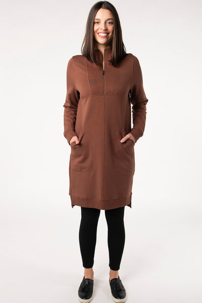 Terrera bamboo half-zip fleece dress, combining comfort and style with eco-friendly bamboo fabric and a versatile design for all-season wear. 