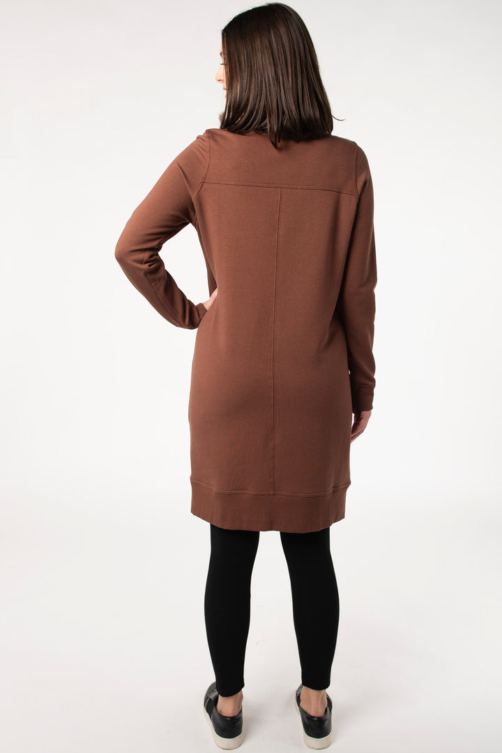 Terrera half-zip bamboo fleece dress, featuring a sleek design and soft bamboo fleece fabric for an eco-conscious, fashion-forward look. 
