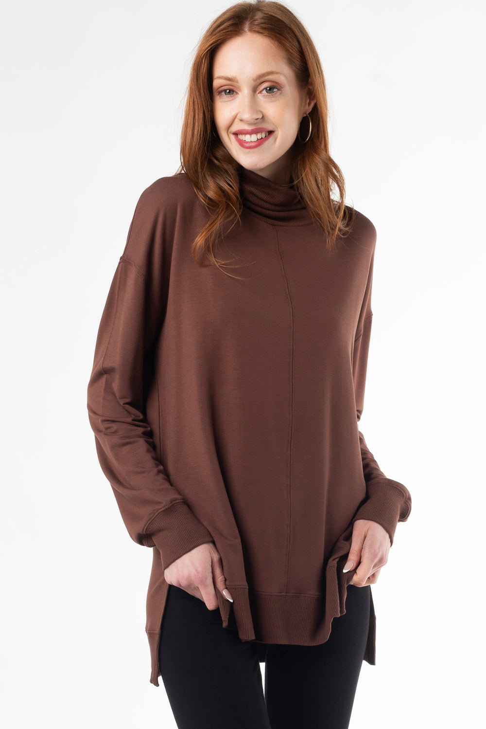 Chic Zia Turtleneck Top by Terrera, featuring sustainable bamboo material in a beautiful warm brown colour called “Cocoa".