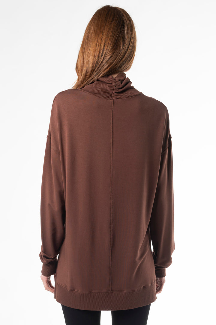 Eco-friendly turtleneck top by Terrera designed with bamboo fabric and beautiful warm brown tones called “cocoa”
