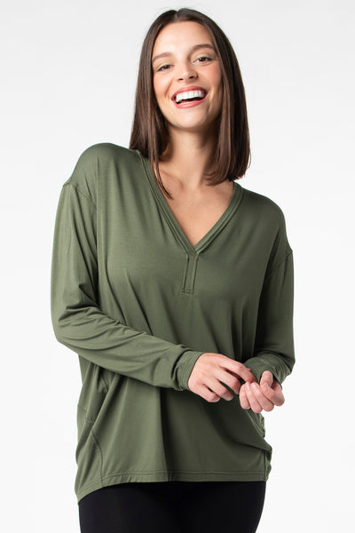 Terrera bamboo long sleeve cocoon top in soft fabric, shown in the colour 'Sencha Green'. 