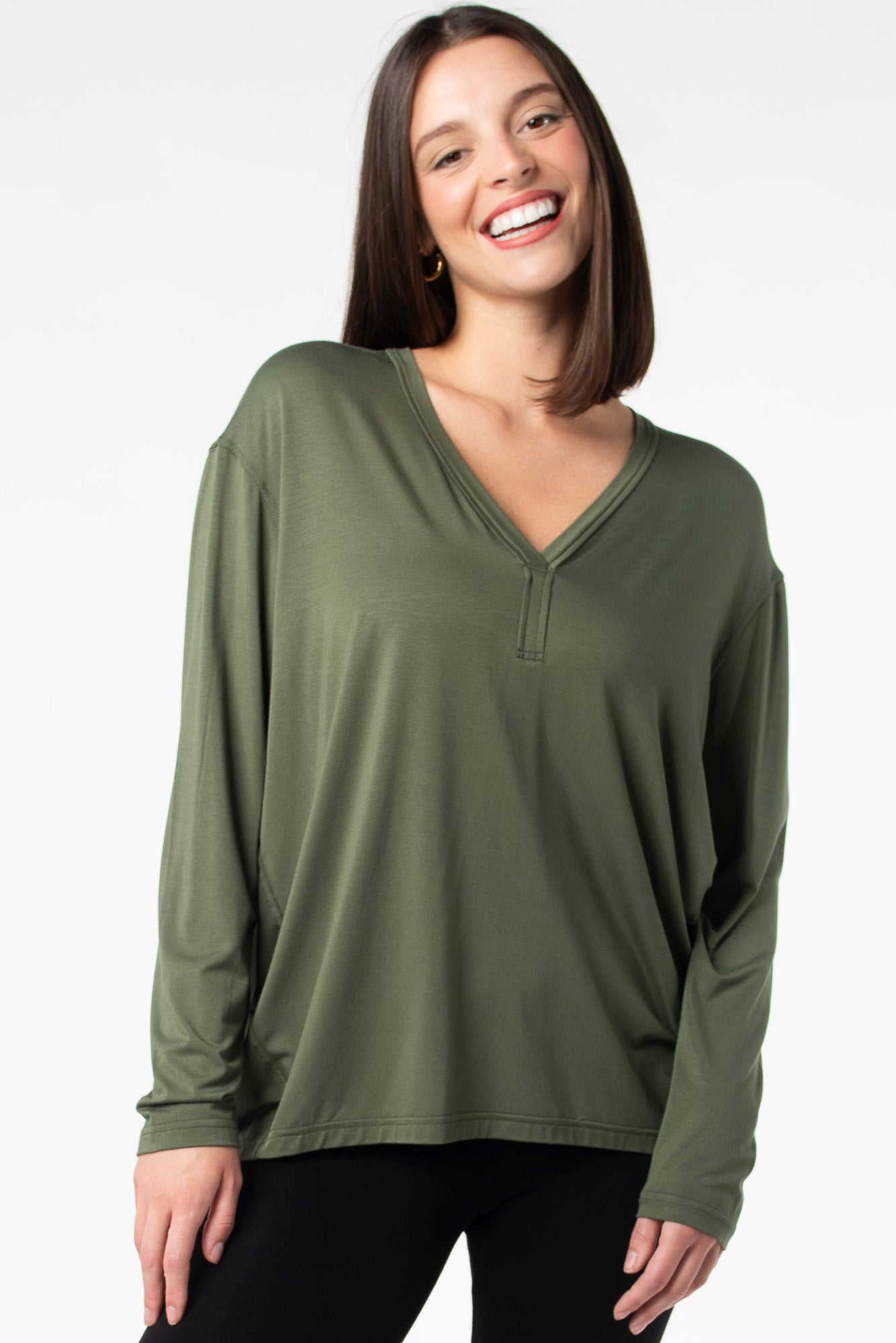 Chic bamboo long sleeve cocoon top, perfect for a comfortable and eco-conscious wardrobe. 