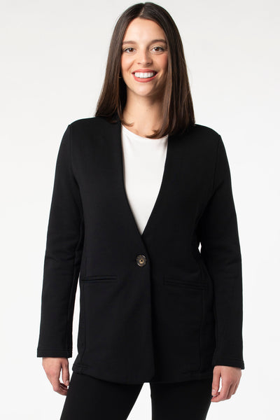 Eco-friendly bamboo collarless blazer from Terrera, shown in the colour Black.