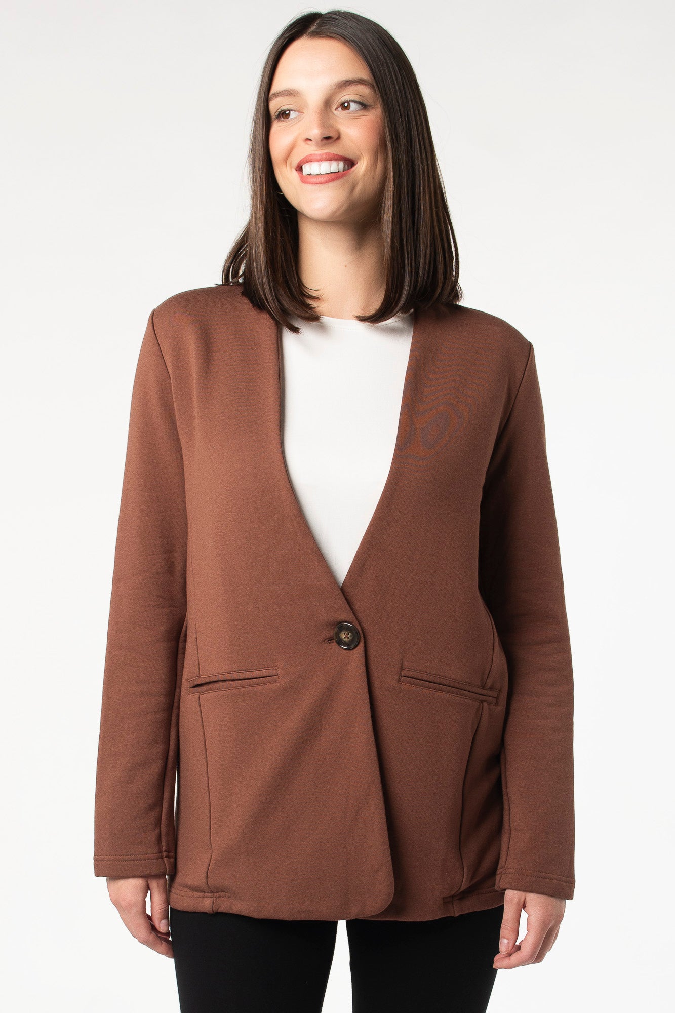 Eco-friendly bamboo collarless blazer from Terrera, shown in a beautiful Cocoa warm brown colour. 