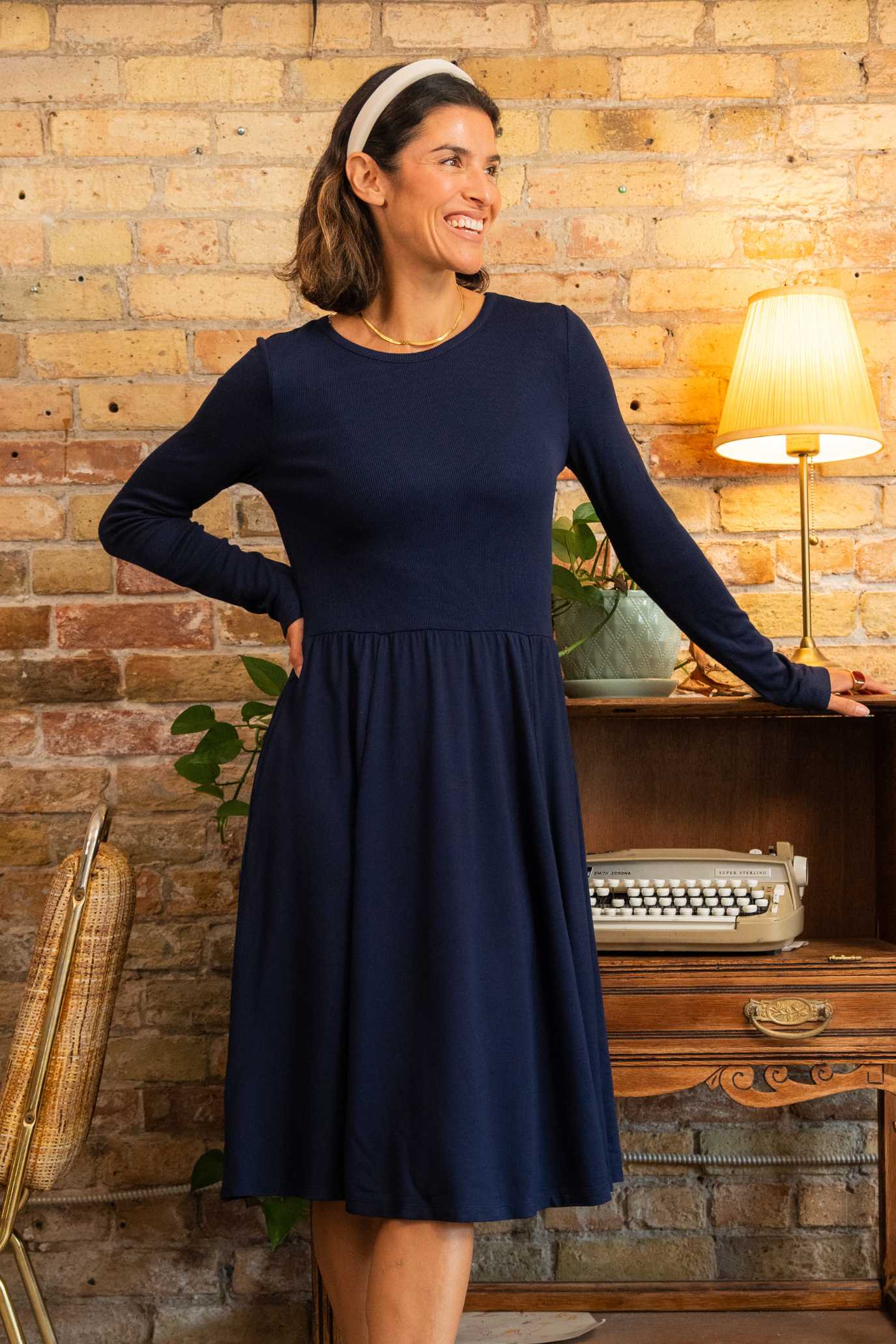 Audrey Ribbed Bamboo Long Sleeve Dress - Ink