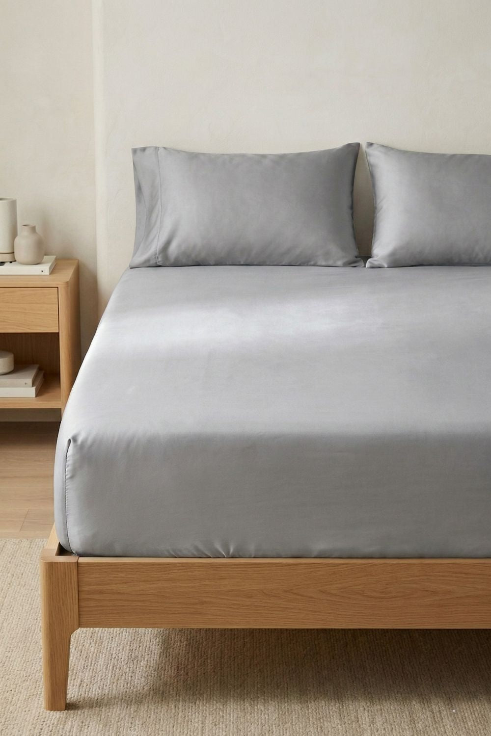 Bed with gray fitted sheet and pillows in a bedroom setting.